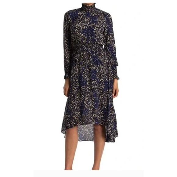 Nanette Lepore Dresses & Skirts - Nanette Lepore Smocked Blue/Yellow Long Sleeve Midi Dress Sz 12 Large High Neck